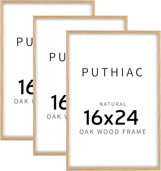 puthiac 16x24 Solid Oak Wood Picture Frame, 16 x 24 Poster Frames for Wall, Vertical or Horizontal, Plexi Front, 3 Pack, Natural Oak