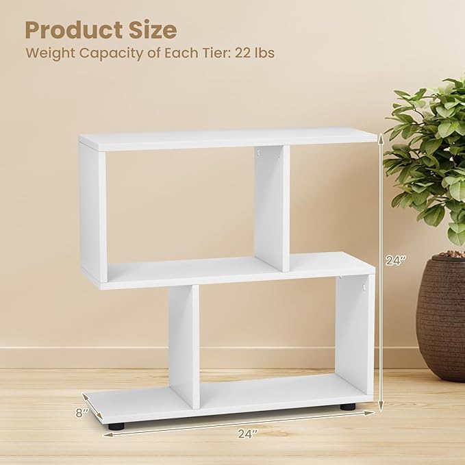 Tangkula 2 Tier Geometric Bookshelf, Freestanding Wood Display Shelf, Home Office Room Divider S Shaped Open Bookcase, Small Bookshelf for Small Spaces, Living Room, Study (White, 2)