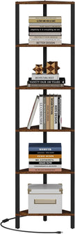TUTOTAK Corner Shelf with LED Light, 6-Tier Corner Bookshelf for Small Space, Narrow Display Corner Shelf Stand with Storage Rack, for Living Room, Bedroom, Rustic Brown BS05BB006L