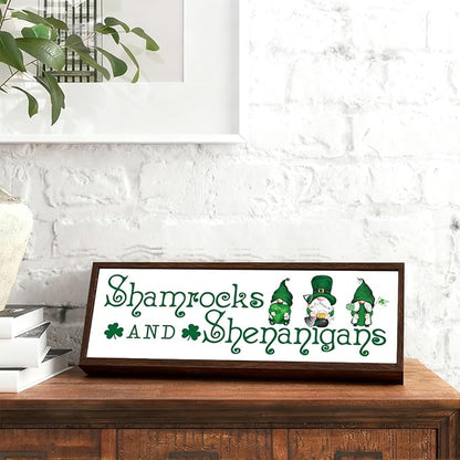 St Patricks Day Wooden Table Sign, Shamrocks and Shenanigans Sign, Irish Gnome Decors, St. Patrick's Day Fun Decor for Home Cafe Shop Coffee Bar, Farmhouse Table Shelf Decoration, 9.5x3.1x1 inches