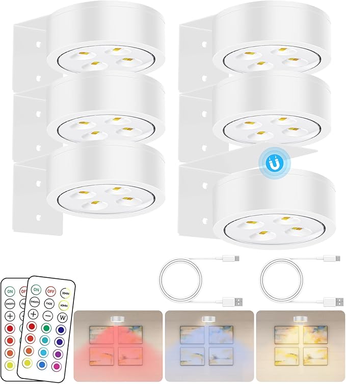 13 Color RGB Magnetic Led Art Display Light, Wireless Magnetic Picture Lights Rechargeable Battery-Powered Wall Frame Lights, Remote Control, and Timer 6Pack White