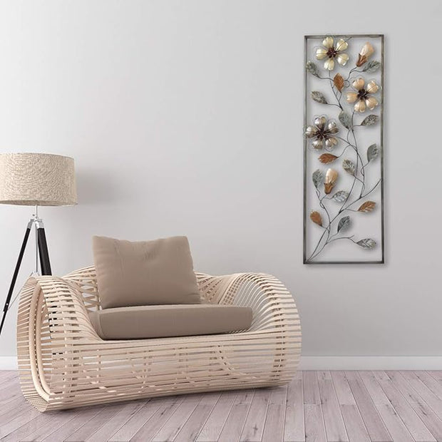 New All American Collection Flower and Leaves Aluminum/Metal Wall Decor with Frame 12inx36in (Earth Colored Flowers), Living Room