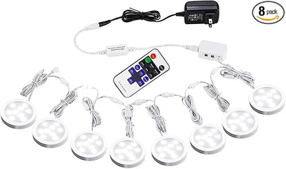 AIBOO Linkable Under Cabinet LED Lighting 12V Slim Aluminum Dimmable Puck Lights with RF Remote Control & UL Listed Plug for Display Bookshelf Lighting(8 Lights, Daylight White)