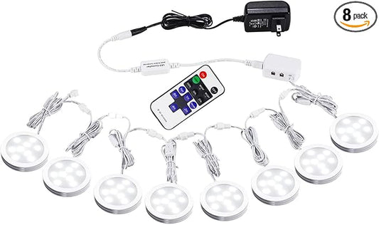 AIBOO Linkable Under Cabinet LED Lighting 12V Slim Aluminum Dimmable Puck Lights with RF Remote Control & UL Listed Plug for Display Bookshelf Lighting(8 Lights, Daylight White)