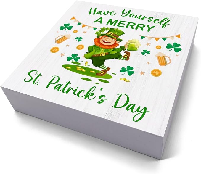 Have Yourself A MERRY St. Patrick's Day Wooden Box Sign, Green Lucky Clover Little Elf Gold Coins Desk Decorate, Spring Decor, Home Desk Shelf Decor 5.1 x 5.1 Inches