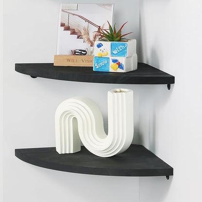 12 inch Corner Shelf, Set of 2 Solid Wood Corner Floating Shelves for Wall, Round End Wall Mounted Floating Shelf for Bedroom, Living Room and Kitchen (Black-12 inch)