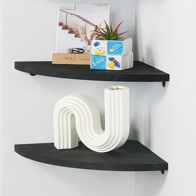 10 inch Corner Shelf, Set of 2 Solid Wood Corner Floating Shelves for Wall, Round End Wall Mounted Floating Shelf for Bedroom, Living Room and Kitchen (Black-10 inch)