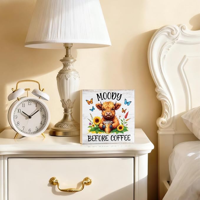 Moody Before Coffee Western Country Wood Block Plaque Box Sign for Home Living Room Coffee House Bar Shelf Table Office Decoration, Funny Highland Home Decor Gifts for Family Friends