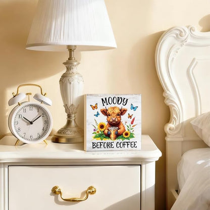 Moody Before Coffee Western Country Wood Block Plaque Box Sign for Home Living Room Coffee House Bar Shelf Table Office Decoration, Funny Highland Home Decor Gifts for Family Friends