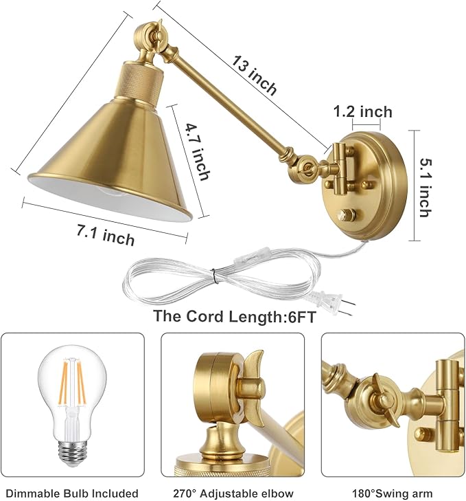 TRLIFE Wall Sconce Plug in, Dimmable Wall Sconce Brushed Brass Swing Arm Wall Lights with Plug in Cord and Dimmer On/Off Knob Switch, Wall Mounted Light for Bedside Bedroom Stairway (1 Pack, 1 Bulb)