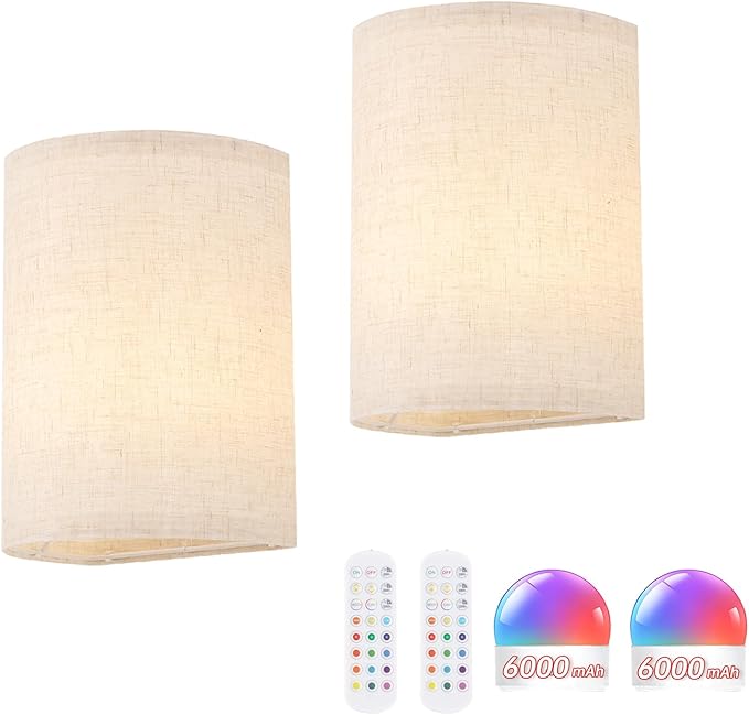 Battery Operated Wall Sconce Set of 2, Rechargeable 6000mAh Magnetic Bulb, No Drill Stick On Cordless Wall Light, RGB & 3 Color Temperatures Dimmable with Linen Shade for Bedroom Living Room