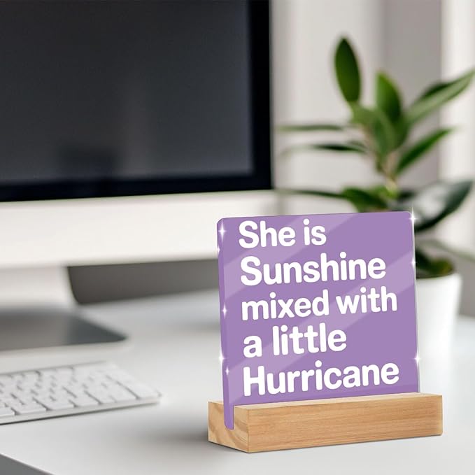 She Is Sunshine Mixed with a Little Hurricane Acrylic Sign，Funny Acrylic Office Desk Accessories Decor, Purple Inspirational Desk Decor for Dorm Home Bedroom，Gifts for Women Coworkers Friends Family