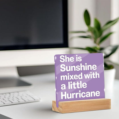 She Is Sunshine Mixed with a Little Hurricane Acrylic Sign，Funny Acrylic Office Desk Accessories Decor, Purple Inspirational Desk Decor for Dorm Home Bedroom，Gifts for Women Coworkers Friends Family