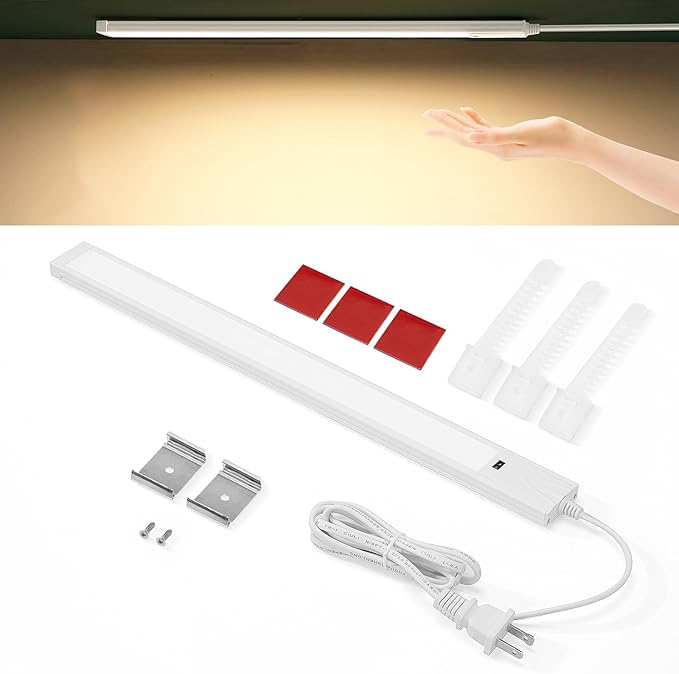 Under Cabinet Light 16 Inch Plug in 110VAC. Hand Wave Activated. 8W LED Light Bar. Bright but Dimmable. Light Color Adjustable. For Kitchen Under Cabinets, Counter, Over Sink Closet Workbench