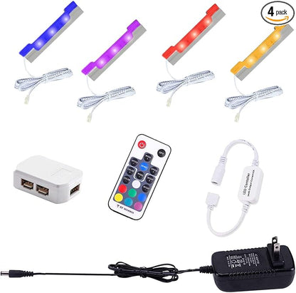 AIBOO LED Under Cabinet Night Lights Kit for Glass Edge Shelf Back Side Lighting Using Flexible Cable and Clip with RF Remote(4 Lights,RGB)