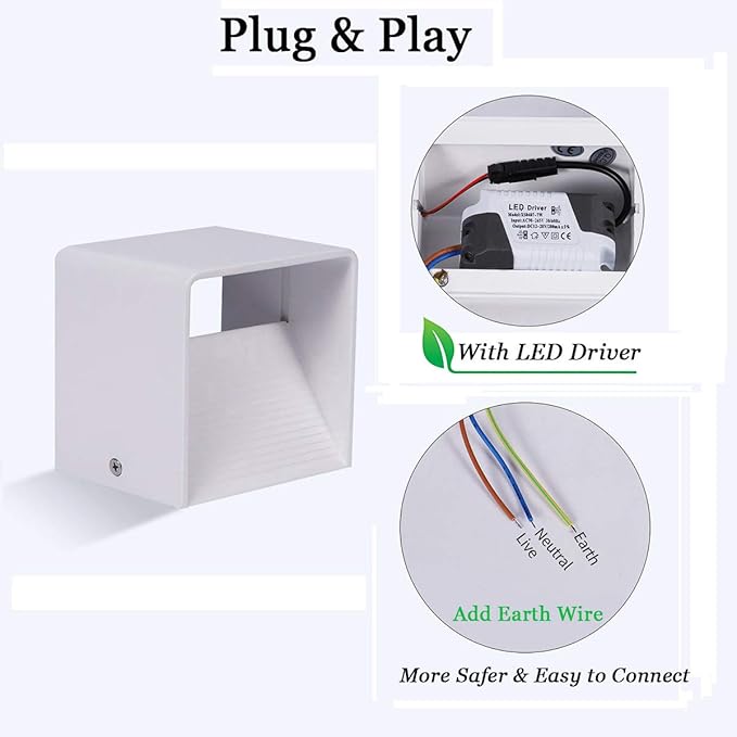 Modern LED Wall Sconce, Up Down Indoor Wall Light, White Cube Mount Lamp Fixture for Bedroom
