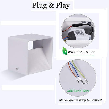 Modern LED Wall Sconce, Up Down Indoor Wall Light, White Cube Mount Lamp Fixture for Bedroom