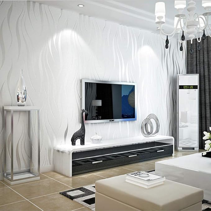 Q QIHANG Simple Fashionable Non-Woven Wallpaper 3D Embossed Three-Dimensional Flocking Foaming Wave Stripes Bedroom Living Room TV Background Wall Shop Decoration20.87 Wx393.7 L Non-Pasted (Cream)