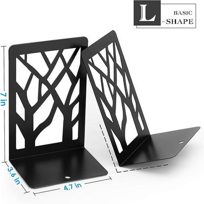MaxGear Book Ends Tree Design Modern Bookends for Shelves, Non-Skid Bookend, Heavy Duty Metal Book Stopper for Books/CDs, Decorative Book Shelf for Home, 7 x 4.7 x 3.5”, Black (4 Pair/8 Pieces, Large)