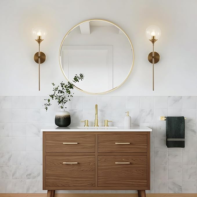 BOKT Glass Globe Wall Sconce Mid Century Modern Glod Wall Light Fixture Bedroom Bedside Bathroom Lighting Brushed Brass Long Pole Nordic Living Room Background Wall Lamp (Clear)