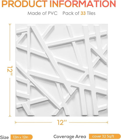 33 Pack 3D Wall Panels for Interior Wall Decor, 12''x12'' White Accent Textured Wall Panels, Wall Covering Panles for Living Room, Gaming Room, TV Background, Cover 32 Sq.Ft