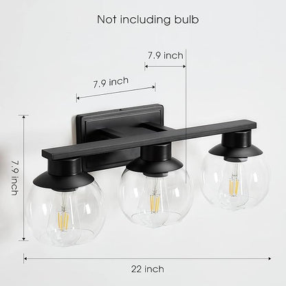 3-Lights Black Bathroom Vanity Lights, Modern Bathroom Lighting Fixtures with Globe Glass Shade, 22in Matte Black Wall lamp for Bath Over Mirror Kitchen Cabinet Living room Hallway Bedroom Porch