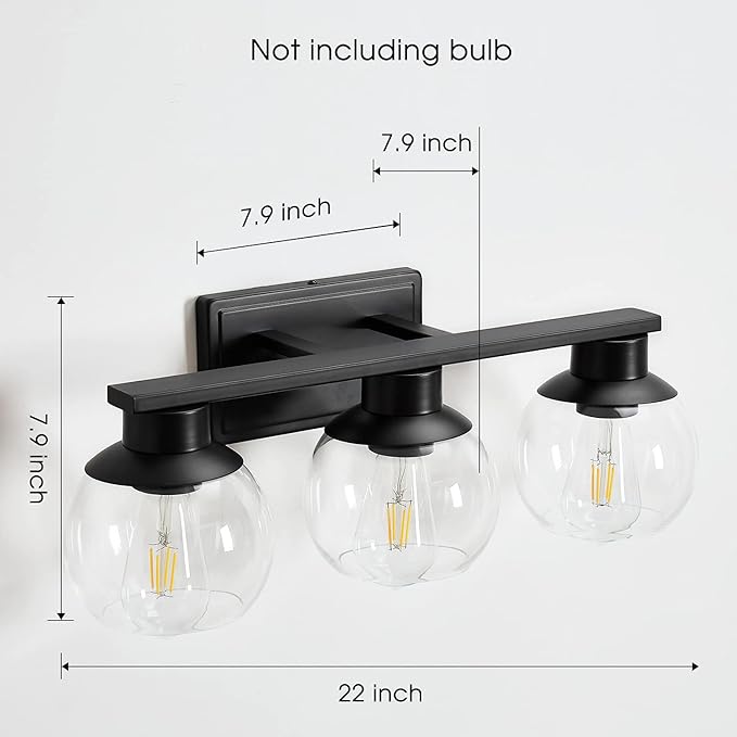 3-Lights Black Bathroom Vanity Lights, Modern Bathroom Lighting Fixtures with Globe Glass Shade, 22in Matte Black Wall lamp for Bath Over Mirror Kitchen Cabinet Living room Hallway Bedroom Porch