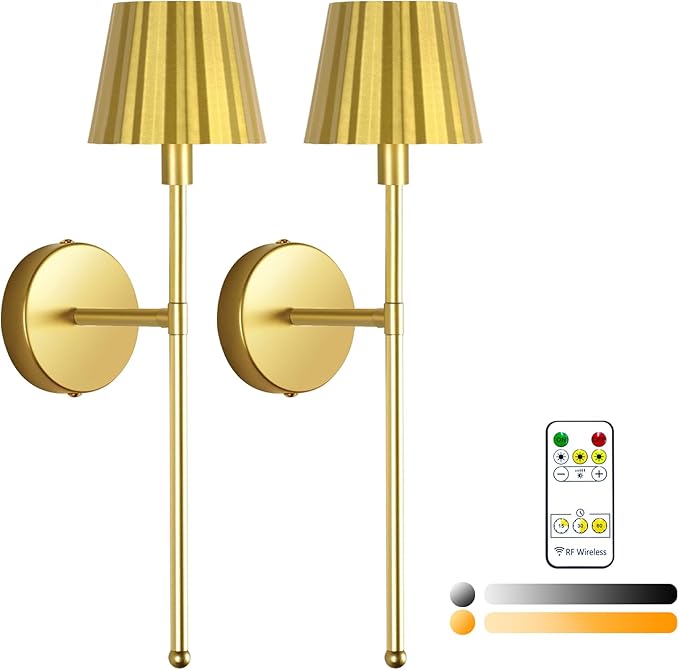Battery Operated Wall Sconce Set of Two, Rechargeable Wireless Sconces with Dimmable Detachable Magnetic Bulbs and Remote, 3 Colors Wall Lights for Bedroom Living Room Hallway Fireplace