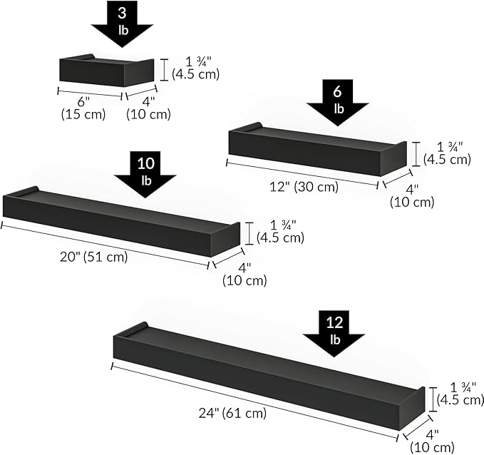 Ballucci Modern Ledge Wall Shelves, Set of 4 Wood Floating Shelves for Bedroom, Bathroom, Living Room, Kitchen, Nursery, Black