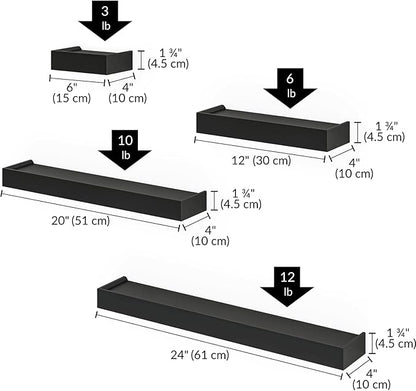 Ballucci Modern Ledge Wall Shelves, Set of 4 Wood Floating Shelves for Bedroom, Bathroom, Living Room, Kitchen, Nursery, Black