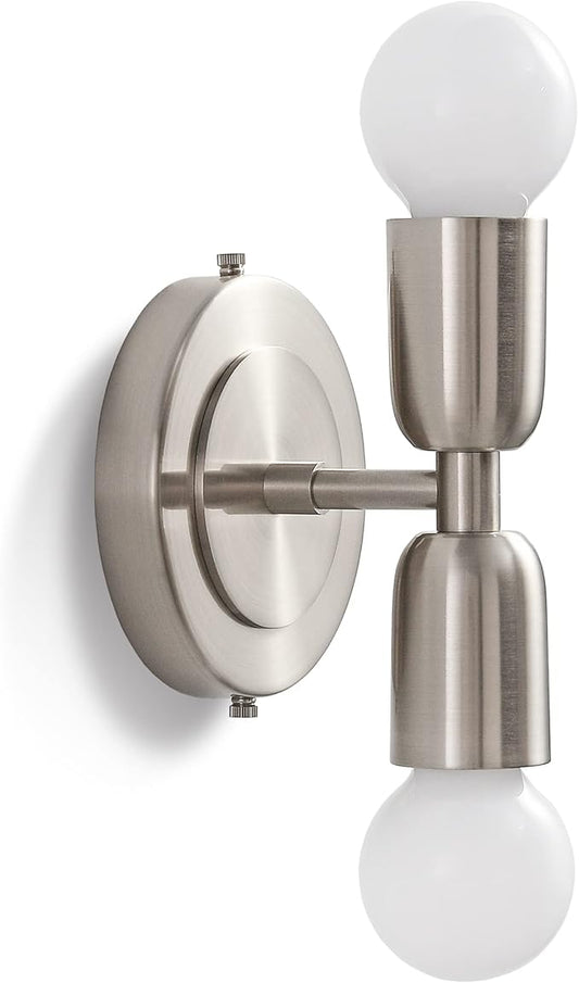 BRIGHTTIA Luna Duo 2 Light Wall Sconce - Mid Century Modern Fixture for Wall & Ceiling - Minimalist Edison Lamp for Hallway and Bathroom Vanity - Brushed Nickel (BW0026-2N)