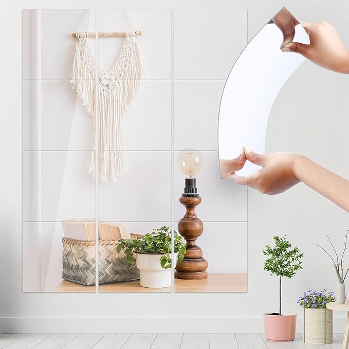 JUNEBRUSHS 18Pack Self Adhesive Acrylic Mirrors, 8 x 8 Inch Mirror Tiles Decor,Frameless Over Door Mirrors Sheets Wall Stickers for Wall Mounted Make Up Gym Dressing
