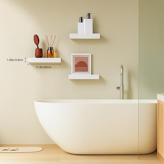 Floating Shelves for Wall, Bathroom Shelves Over Toilet, Wall Shelves & Book Shelf for Room, Hanging Shelf, Modern Wooden Wall-Mounted Small Floating Shelves, 12x7x1.5 in (White, Set of 3)