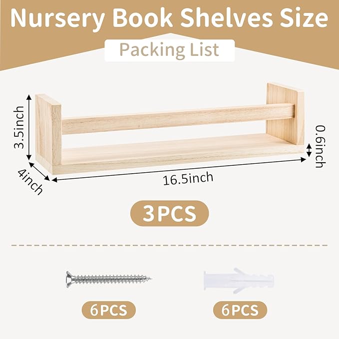 3 Pack Nursery Shelves, 16.5 Inch Nursery Book Shelve, Solid Wood Wall Mounted Shelve for Books, Floating Shelves for Wall Books Living Room Kids Room Decor(Natural Wood)