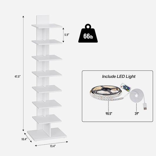 TUTOTAK Narrow Bookshelf, 8-Tier Bookcase with LED Lights, Spine Book Shelf for Small Space, Corner Standing Shelf for Living Room, Office, Study, Entryway, White BS06BW008L
