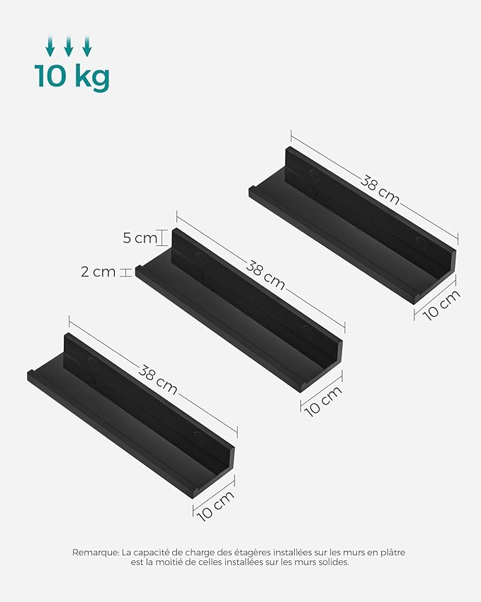 SONGMICS Floating Shelves, Set of 3 Wall Shelves, 15-Inch Wide, for Photo Frames and Trinkets, for Living Room, Home Office, Kitchen, Bathroom, Black ULWS38BK
