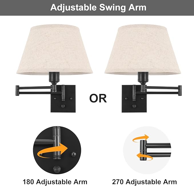 TRLIFE Dimmable Wall Sconce Plug in, Wall Sconces Set of Two Swing Arm Wall Lights with Plug in Cord and On/Off Dimmer Rotary Switch, 11.8