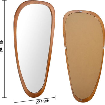 Ruomeng Full Length Irregular Wall Mirror, 48 x 22 Inch Wooden Mirror, Boho Large Decorative Asymmetrical Mirror for Bathroom, Living Room, Bedroom, Entryway, Farmhouse, Tempered Glass, Shatterproof