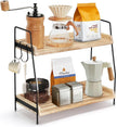 2-Tier Coffee Station Organizer for Countertop, Wooden Coffee Bar Organizer with 2 Cup Hooks, Countertop Storage for Bathroom, Kitchen, Holiday Decorations