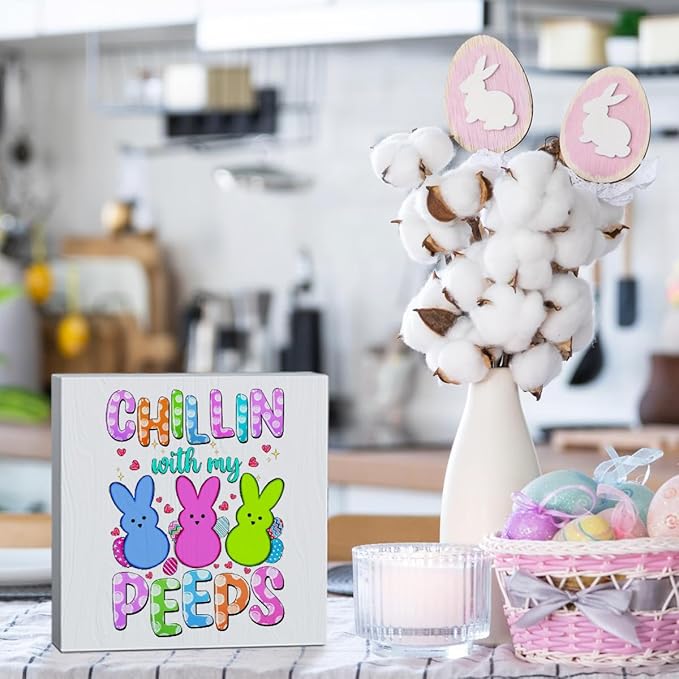 Funny Easter Decorations Peeps Decorations Easter Table Decor Chillin With My Peeps Wooden Box Sign for Home Office Bedroom Living Room Desk Shelves