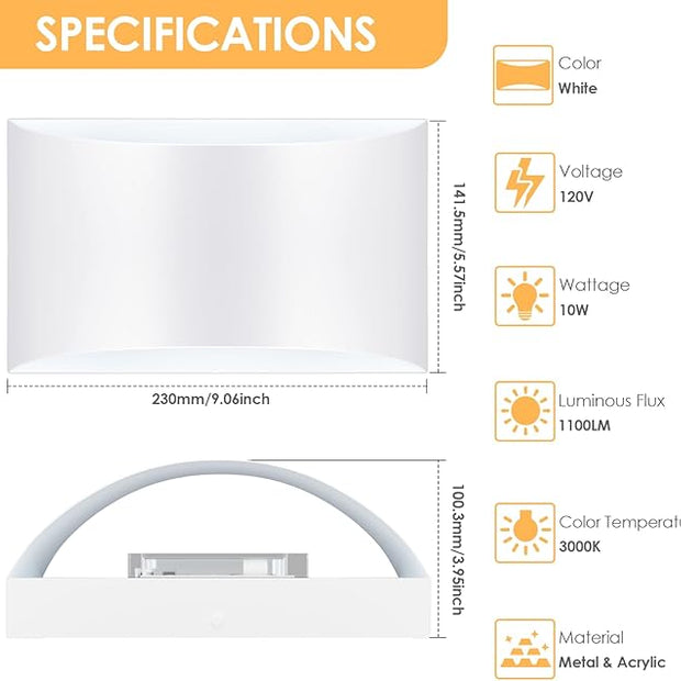 FOLKSMATE Modern LED Wall Sconces Set of 2, 3000K Warm White Up and Down Mount Light, White Large Interior Wall Lights Hardwired Lamp for Indoor Living Room Bedroom Hallway Basement Stairway