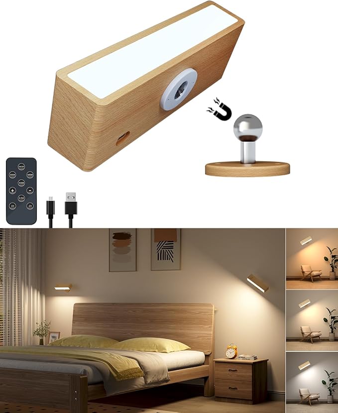 Wooden Wall Sconce Battery Operated with Remote,Rechargeable Wall Lights for Bedroom with 3 Color Temperature, Magnetic, Stick-On, Dimmable Wall Reading Lights (Beechwood, 1 Pack)