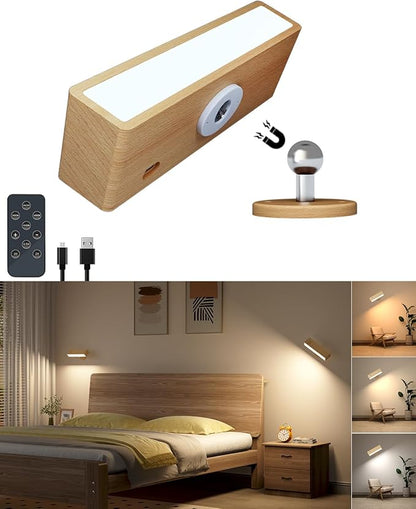 Wooden Wall Sconce Battery Operated with Remote,Rechargeable Wall Lights for Bedroom with 3 Color Temperature, Magnetic, Stick-On, Dimmable Wall Reading Lights (Beechwood, 1 Pack)