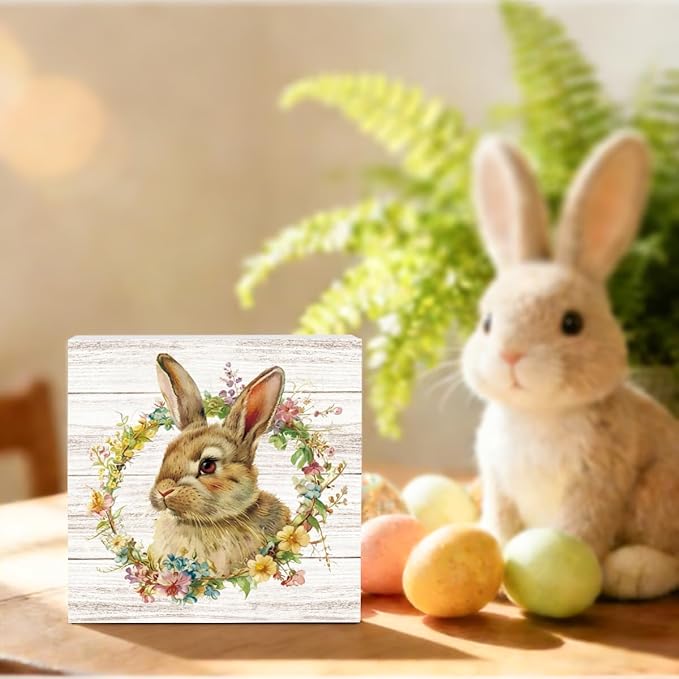 Funny Easter Sign Easter Bunny Decor Decorations Bunny Spring Flower Sign Decor Table Decorations Indoor for Home Office Desk Table Shelf Tiered Tray 5 X 5 Inch