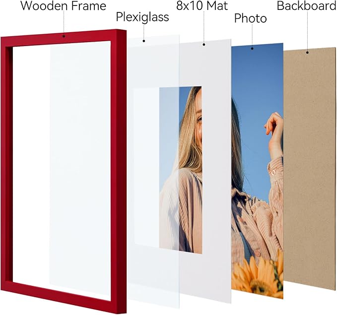 Vittanly 11x14 Picture Frame Set of 4, Display Pictures 8x10 with Mat or 11x14 without Mat, Gallery Wall Frame Set for Wall or Tabletop Display, Engineered Wood with Shatter Resistant Plexiglass, Red