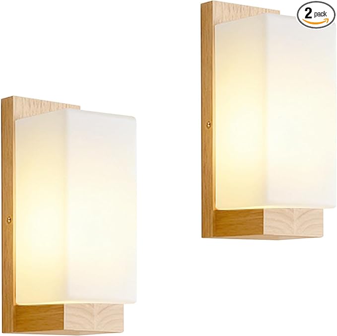 Modern Farmhouse Wall sconces 2-Piece Set Small Wood sconces White Frosted Textured Glass Wall Light Indoor Farmhouse Wall lamp for Bedroom Living Room and Hallway with E26 Base