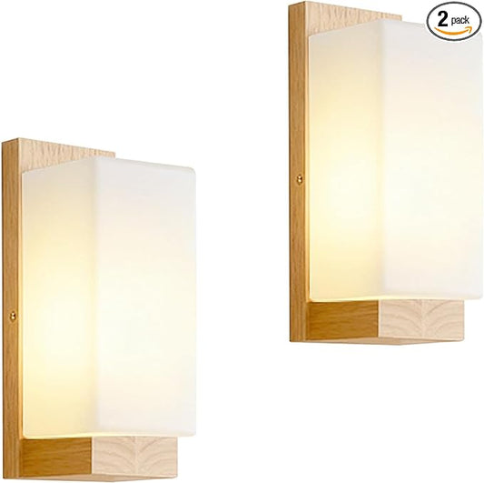 Modern Farmhouse Wall sconces 2-Piece Set Small Wood sconces White Frosted Textured Glass Wall Light Indoor Farmhouse Wall lamp for Bedroom Living Room and Hallway with E26 Base
