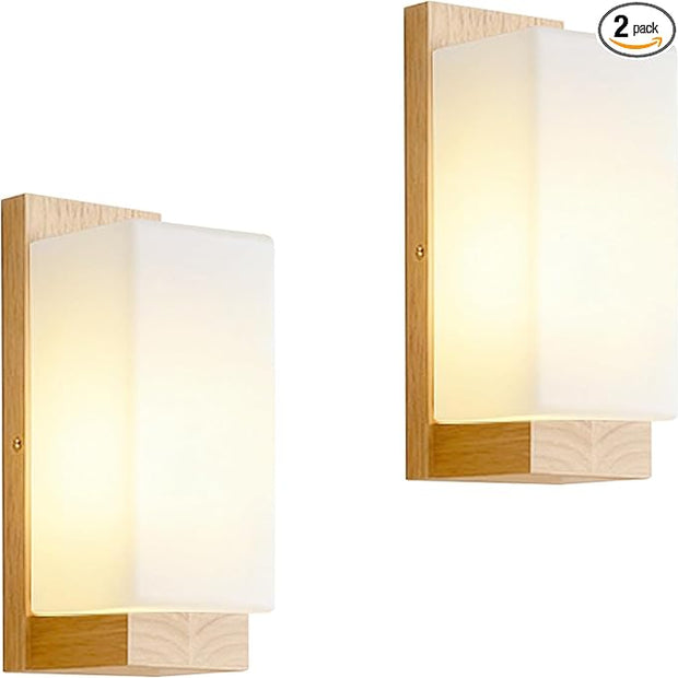 Modern Farmhouse Wall sconces 2-Piece Set Small Wood sconces White Frosted Textured Glass Wall Light Indoor Farmhouse Wall lamp for Bedroom Living Room and Hallway with E26 Base