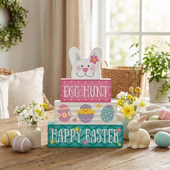 Easter Decorations, 4 Pcs Wooden Easter Table Decorations, Cute Bunny Tiered Tray Decor, Wooden Table Sign for Desk Shelf Mantel Coffee Bar, Indoor Home Decor