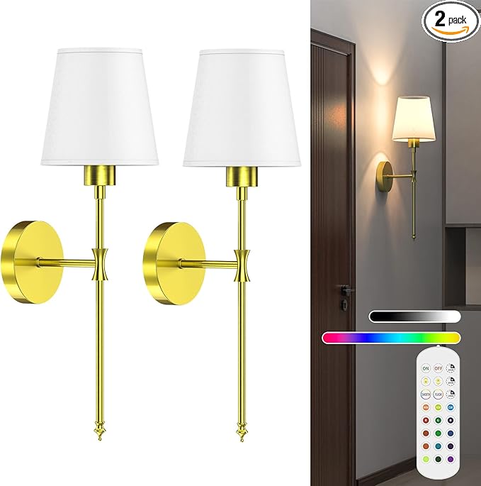 Stylish Battery Operated Wall Sconce, Set of 2 Wireless Wall Lights for Bedroom and Living Room, Remote-Controlled Wall Lamps with 12 Color Modes for Cozy Ambiance (Golden)